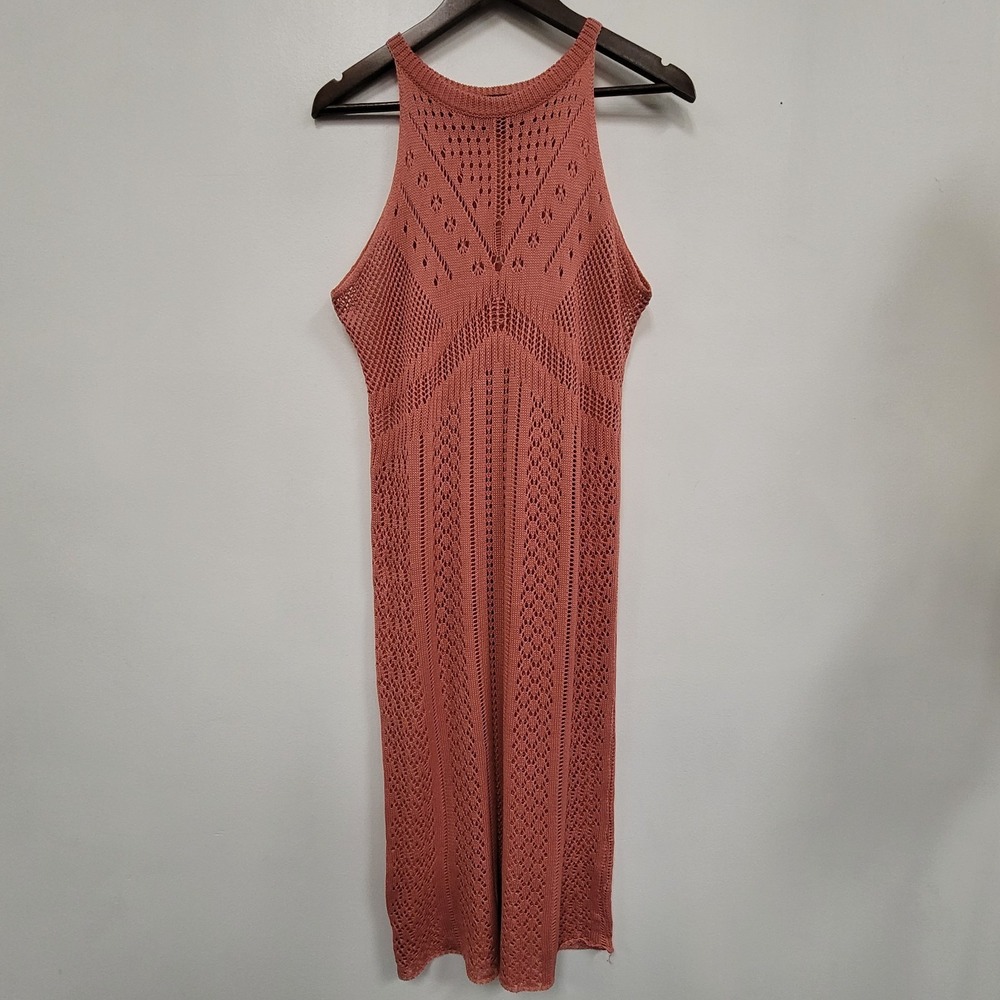 Pink Crochet Maxi Dress Size M Open Knit Festival Beach Coastal Boho Coachella